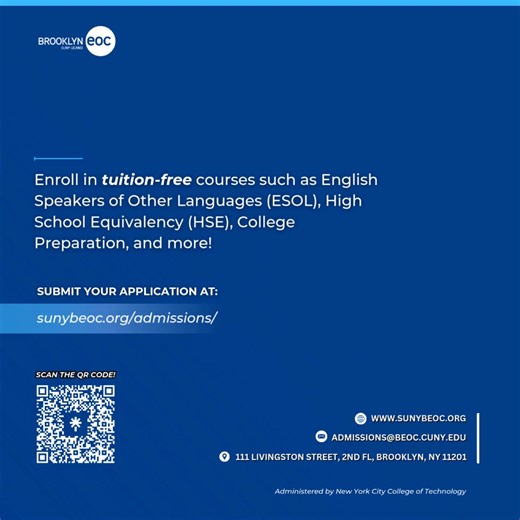 Take the next step toward a brighter future with the Brooklyn Educational Opportunity Center’s GED/HSE program. Gain the skills and knowledge to pass the exam while being introduced to college and career opportunities. Enroll now for free by scanning the QR code or the visiting: https://forms.gle/RQQSxDMRN7niMzYF8 #beoc #cuny #lastfirstday #college #ged #hse | Suny Beoc-student