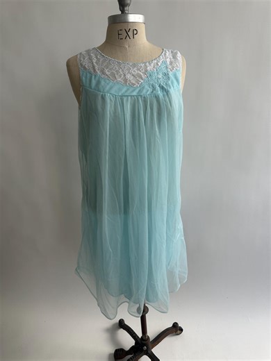 1960's/70's Artemis Nightgown Baby Blue Babydoll Nylon and Lace Appliqués Knee Length - Etsy