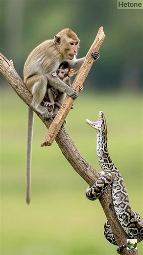 mother monkey protects baby from big python