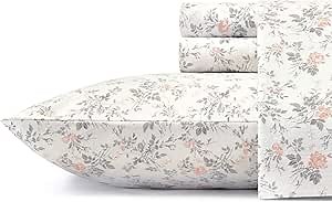 Laura Ashley - Flannel Sheets Queen Size, Anti-Pilling & Wrinkle Resistant Cotton, Touchably Soft for All-Season Comfort - Bed Sheets with Matching Pillowcases & Fitted Sheet (Rosalie Grey)