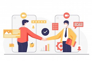 Businessmen shaking hands through display of video call on smart phone. internet business concept, cartoon character, vector illustration | Free Vector