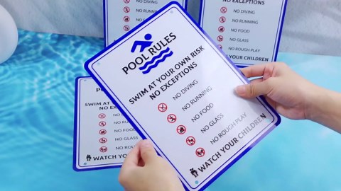 4 Pack Aluminum Pool Rules Signs, Swim at Your Own Risk Pool Safety Sign for Outdoor Swimming, Water Parks, Beaches and Easy to Mount, Rust-proof, Weather-resistant 7 X 10 Inches