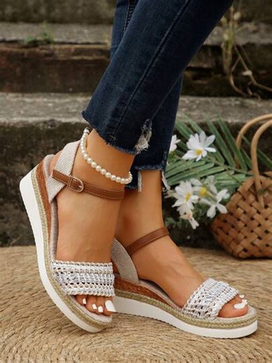 Sandales élastiques pour femmes, nouvelles chaussures d'été à plateforme compensée en paille tressée, confortables et décontractées. Convient pour les robes de vacances. Sandales à bout ouvert marron | SHEIN