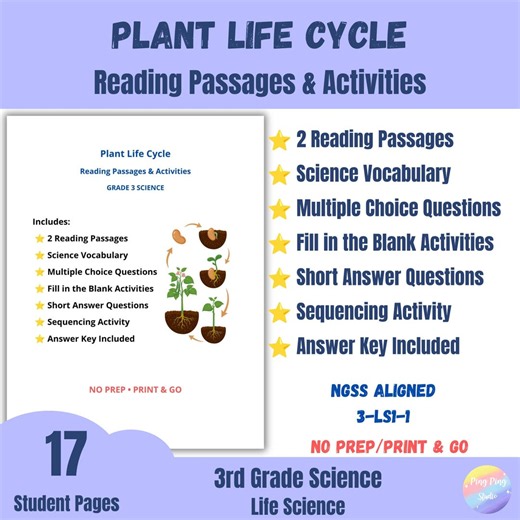 Plant Life Cycle Worksheets 3rd Grade Science | Reading Passages, Sequencing Activities, Vocabulary, NGSS Aligned Life Science - Etsy