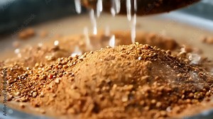 Grinding spices into powder on stone grinder, wooden surface. Close up captures manual preparation of aromatic flavorings. Crushed brown spices add natural element to ancient cuisine
