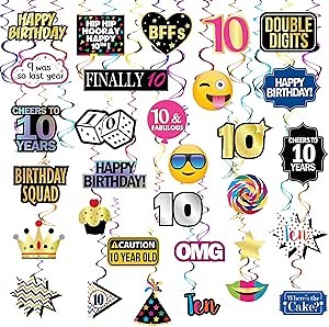 10th Birthday Hanging Swirls - 31 Pieces - Funny 10th Birthday Party Supplies for Him or Her - Decorations, Gifts and Favors