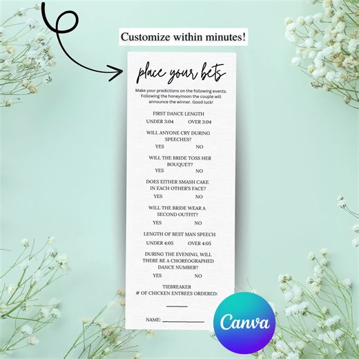 Wedding Place Your Bets Card, Betting on Love Wedding Prop Bets Wedding Shower Games Bridal Shower Games Bet on Love Wedding Bets Game - Etsy