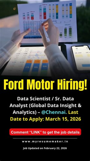 🚗 Ford is hiring Data Scientists in Chennai! Be part of the Global Data Insight & Analytics team and shape the future of mobility. Techies, apply now! #FordCareers #DataScienceChennai Position: Data Scientist / Sr. Data Analyst (Global Data Insight & Analytics) Post Date: Feb 22, 2026 Location: Chennai (Global Business Services) Job Description: Driving evidence-based decision-making for Ford’s global operations including Connected Vehicle and Smart Mobility projects. Skills Required: Python/R,