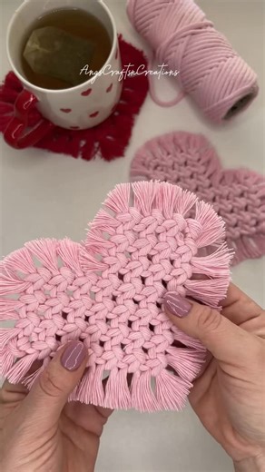 AngscraftsnCreations Macrame on Instagram: "💕 Aren't these macrame coasters adorable? They're the perfect addition to your Valentine's decor and can be enjoyed all year round! • You can find these coasters in three colors on my Etsy shop! • I learned this pattern four years ago and have been obsessed ever since. Want to give it a try? I used 4mm single-strand cotton cord from @ganxxet and followed a YouTube tutorial on their channel. Love that it makes two coasters at once! • Grab your coasters