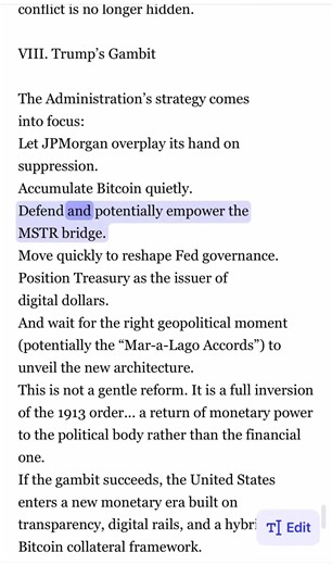 THE OLD SYSTEM IS FIGHTING FOR ITS LIFE There’s an article circulating all over Bitcoin Twitter right now, and it’s getting traction because the core idea actually makes sense. The thesis is simple: what we’re seeing in markets isn’t a normal cycle. It’s a struggle between the legacy financial system (J.P. Morgan the Fed) and a new direction led by Treasury, stablecoins, and a Bitcoin-based settlement framework. That’s why things look so chaotic -- custody delays, MSTR short pressure, stablecoin