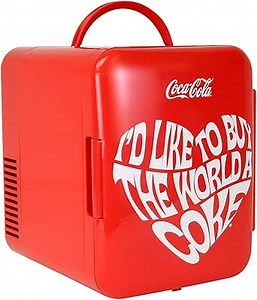 Coca Cola World 1971 Series Portable 6 Can Thermoelectric Mini Fridge Cooler/Warmer, 4 L/4.2 Quarts Capacity, 12V DC/240V AC for Home, Dorm, car, Boat, Beverages, Snacks, Skincare, Cosmetics