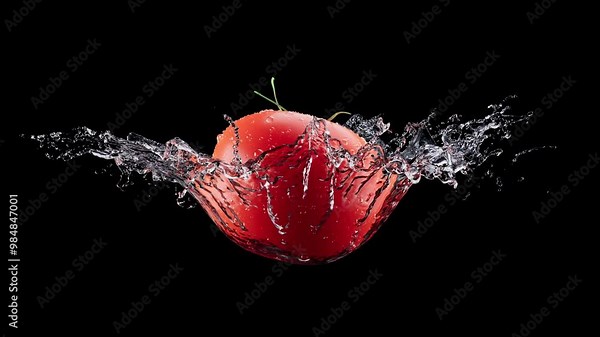 3D animation of a red tomato rotating around its axis. Slow cyclic rotation and movement around the tomato and water. File contains Alpha Channel.