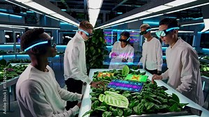 Innovative technology team collaborates in a futuristic lab using holographic displays and smart devices