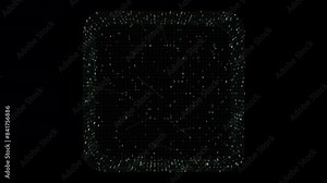 Digital holographic geometric shapes in motion with futuristic cube, grid, and particles in 3D art