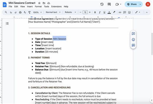 Mini Sessions Contract Template Google Docs Mini Sessions Photography Client Agreement for Mini Photo Session Photographer Service Agreement - Etsy