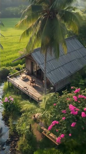 A single story house raised on stilts in the middle of a rice field