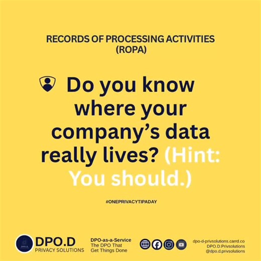 𝑹𝒆𝒄𝒐𝒓𝒅𝒔 𝒐𝒇 𝑷𝒓𝒐𝒄𝒆𝒔𝒔𝒊𝒏𝒈 𝑨𝒄𝒕𝒊𝒗𝒊𝒕𝒊𝒆𝒔 (𝑹𝑶𝑷𝑨) 🗂 Keep a list of what personal data you collect, why you collect it, and who you share it with. It’s like your privacy “map. 📍 If you don’t know where data is, how can you protect it? Follow this page to learn more practical privacy tips. #OnePrivacyTipADay #RecordsOfProcessingActivities #ROPA #DPODPrivacySolutions #DPOaaS | 𝐃𝐏𝐎•𝐃