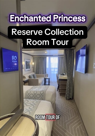 A room tour of a Reseve Collection Mini Suite onboard the Enchanted Princess! This one comes with additional perks. #cruise #cruiseship #roomtour #luxurytravel #princess #princesscruises #travelagent