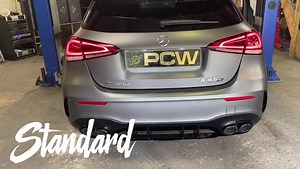 Before and after of a 70 plate A45s AMG with resonator and backbox modified.. As usual all looks standard from underneath, valve functions as before #a45s #a45samg #mercedesamg #amg #mercedes #mercedesuk #cla45s #cla45samg | PCW Exhaust mods