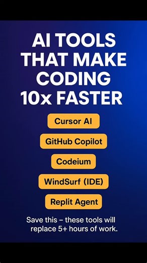 Sunil Code Craft on Instagram: "🚀 Want to code 10x faster? These AI tools will literally replace 5+ hours of manual work every single day 🤯 Here are the tools every developer should use in 2025: ⚡ Cursor AI — Auto-builds entire features 🤖 GitHub Copilot — Smart code + fixes ⚙️ Codeium — AI autocomplete + refactor 🖥️ Windsurf (IDE) — AI-optimized coding workflow 🔥 Replit Agent — Writes, debugs & deploys code If you’re learning to code or building serious projects… These tools will change you