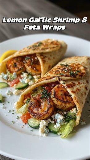 Lemon Garlic Shrimp & Feta Wraps Bright, garlicky shrimp wrapped in warm flatbread with creamy feta and fresh veggies. Perfect for lunch, dinner, or viral food content. ⏱ Time Prep: 10 minutes Cook: 8–10 minutes Total: ~20 minutes 🛒 Ingredients (Serves 2–3) For the Shrimp 1 lb (450 g) large shrimp, peeled & deveined 3 cloves garlic, minced Zest of 1 lemon 2 tbsp fresh lemon juice 2 tbsp olive oil 1 tsp paprika ½ tsp chili flakes (optional) Salt & black pepper, to taste Fresh parsley, chopped Fo