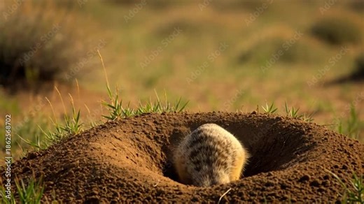 a prairie dog popping out of burrow, standing upright, freezing dramatically, then ducking back down. video