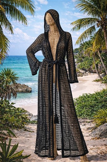 Black Crochet Beach Cover up Dress With Hood – Long Boho Beach Robe – Sheer Lace Swim Cover up – Festival Kimono – Resort Wear Women - Etsy