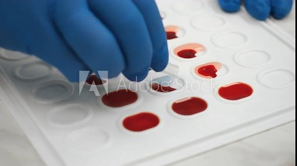 Scientist performing blood type test on laboratory plate during manual diagnostic procedure in modern clinical lab environment.