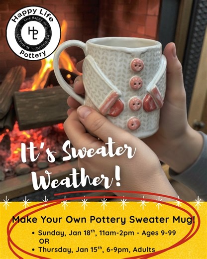 ❄ We LOVE this class - and TWO dates are available! 😃 Join us to make your own pottery Sweater Mug - No experience required💥 Come by yourself, bring a friend, or bring your family!! ✨ For this class, you'll be creating a mug with a sweater print, and using colored glazes to add the color touches that will go underneath the overall glaze (white). A very fun & functional class, and we can't WAIT to see how yours looks! Two dates available: Sunday, Jan 18th, 11am-2pm (Ages 9-99) OR Thursday, Dec 