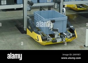 Demonstration of Smart warehouse management system with robotic handling system. Automated robotic tote arranging distribution product stock on shelf
