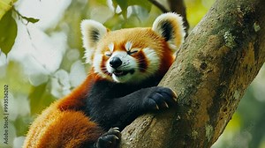 A red panda relaxes in a tree, nestled comfortably among the branches