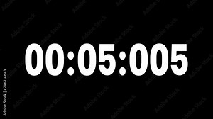 Clock with white numbers on black background display. Digital timer starting from 0 seconds to 5 minute