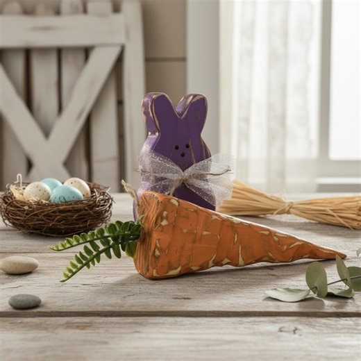 Rustic Wooden Easter Bunny and Carrot Decor Set Purple Distressed Farmhouse - Etsy