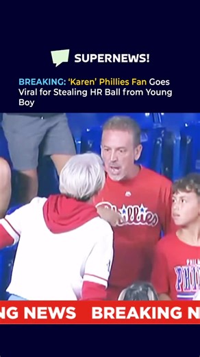 SUPERNEWS! on Instagram: "🚨😳Karen Strikes Out At a Phillies-Marlins game, a viral “Karen” ripped a home run ball from a young fan after his dad handed it to him. The man gave in like it was a hostage swap, but the Marlins bailed the kid out with a signed bat. America’s pastime: adults stealing from children on camera."
