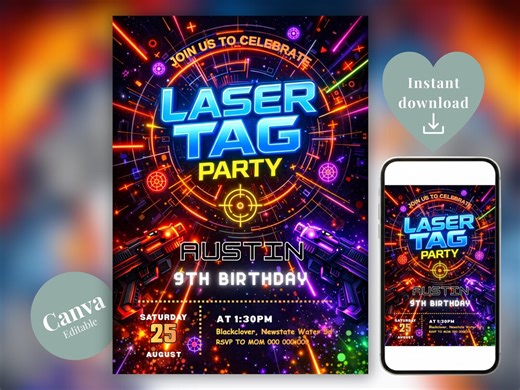Neon Laser Tag Party Invitation, Editable Birthday Template (digital Download) - Etsy
