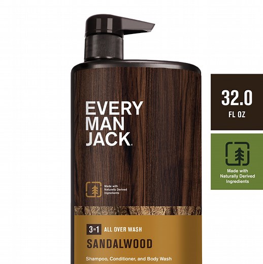 Every Man Jack Sandalwood Men's 3-in-1 All Over Wash - Body Wash, Shampoo & Conditioner - 32 oz