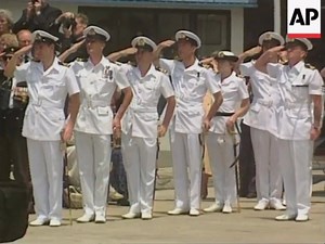 The Royal Navy's last shore establishment in Hong Kong was decommissioned in Hong Kong on Friday (11/4/1997), less than three months before the handover of the colony to China. More than 200 sailors paraded in front of HMS Tamar as part of the decommissioning ceremony, exactly 100 years after a vessel of that name first arrived in Hong Kong waters as an accommodation ship. Among those attending the ceremony were Hong Kong Governor Chris Patten and First Sea Lord Admiral Sir Jock Slater. | Britis