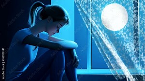 Seamless looping 4k time-lapse animation video background of a young girl sitting by a window, illuminated by the full moonlight with lace curtains gently blowing, creating a quiet, reflective mood.