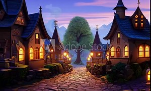 Enchanted Village Twilight: A charming cobblestone lane winds through a storybook village, aglow in the warm light of dusk, inviting you to explore its whimsical charm.