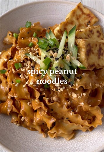 Spicy Peanut Noodles 🌶🌶 Thick luscious noodles coated in a creamy, savoury and spicy sauce… What more could you want?! Make sure you SAVE this recipe to make it asap!! 😍 Ingredients [Serves 4] 300g dried wide flat wheat noodles (or 4 serves of any noodles you prefer) 1/4 cup natural smooth peanut butter 3 tbsp soy sauce Splash of dark soy (for colour) 1 tbsp Chinese black vinegar or rice wine vinegar 1 packed tbsp brown sugar 1 tsp chilli flakes 1/2 tbsp chilli oil 1 tbsp sesame oil 1/4 cup h