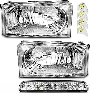 WEELMOTO Headlights Assembly for 1999-2004 Ford Super Duty F250 F350 F450 F550 for 2000-2004 Ford Excursion Headlamp replacement Chrome Housing and LED parking light bulbs(4Pack)