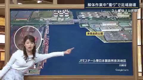 【現場の状況は】解体作業中に約40mの足場が崩れ3人重体｜川崎市の製鉄所で高さ約40mの足場が崩れ、作業員5人が転落。そのうち3人が意識不明の重体で、1人はまだ見つかっていない事故があったのは神奈川・川崎市の扇島にあるJFEスチール東日本製鉄所京浜地区▼今月の3日に撮影された写真を見ると…警察によるとクレーンの先にドラム缶状の重りがついていて、クレーンのバランスを保っていたというクレーンの左側には2つの足場が確認できる。また、重りの下にもクレーンを支える足場があったことがわかる。右側にある足場は、ドラム缶状の重りを支えるために設置されていた重りの上に重機を置いて解体作業→重りが落ち、下にあった足場が倒壊。足場の高さは約40mで5人が落下▼現場を上空から見ると…クレーンの横には穴が開いているが、もともと開いていたのか、事故で開いたのかは不明ダイバーによる捜索がこの穴でも行われた。落下した5人のうち3人が意識不明の重体、1人はまだ見つかっていない→海に落ちた可能性もあり、消防などが救助活動荒井理咲子アナウンサー「この場所はとにかく風が強くて、6時間ほど前からいるが、時折よろめいてしまうほど