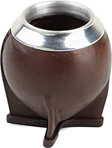 [Premium Yerba Mate Cup (Mate Gourd) - Crafted Ceramic Teacup – Dark Brown Leather Wrapped Handmade in Uruguay - Mate Torpedo - Torpedo Style