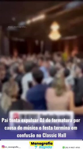 Monografia rápida - Consultoria Acadêmica on Instagram: "Um episódio de confusão marcou uma cerimônia de formatura realizada no Classic Hall, quando um pai tentou interromper a apresentação do DJ responsável pela música do evento. A situação teria começado por insatisfação com o repertório musical, que não agradou parte dos presentes, gerando tensão em um momento que deveria ser de celebração e conquista acadêmica. Vídeos que circularam nas redes sociais mostram o clima de tumulto no salão, com