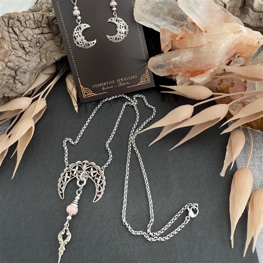 Filigree Crescent Moon Necklace & Earrings: Pink Opal, Victorian Style - Etsy Australia