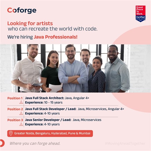 Are you a Java professional interested in moving ahead in your career? Join us today! Position 1 - Java Full Stack Architect - https://lnkd.in/dbCCgyz2 Position 2 - Java Full Stack Developer / Lead - https://lnkd.in/dM8drVtF Position 3 - Java Senior Developer / Lead - https://lnkd.in/dJEi97Y2 #coforge #EngageWithTheEmerging #MovingAheadTogether #JobOpportunities #ITJobs #JavaFullStack #Java #JavaHiring #Java | Coforge