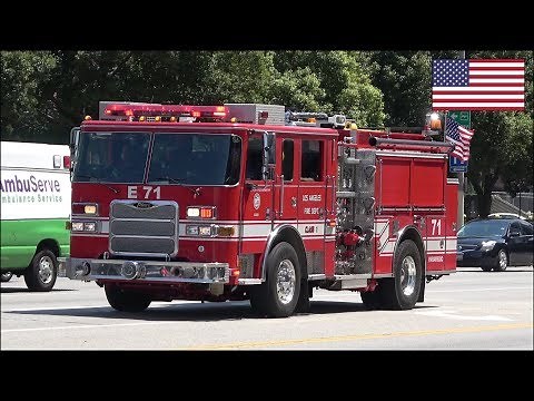 Fire truck responding with Q siren screaming & air horn - LAFD Engine 71