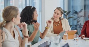 Business women, teamwork and meeting with computer for social media planning, feedback and job workflow. Professional people, employees or public relations leader talking of solution or project ideas