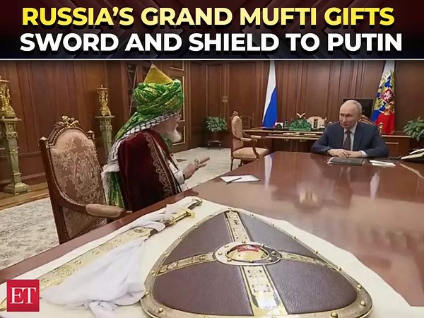 Russia's Grand Mufti Talgat Tadzhuddin gifts sword and shield to Putin on 3rd anniversary of Russia-Ukraine war