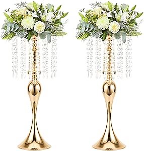 Wedding Centerpieces for Tables - Gold Flower Vases for Centerpieces, 2Pcs Tall Metal Flower Vases with Chandelier Crystal, 21.3in Flower Stand for Wedding Reception Birthday Party Events Home Decor